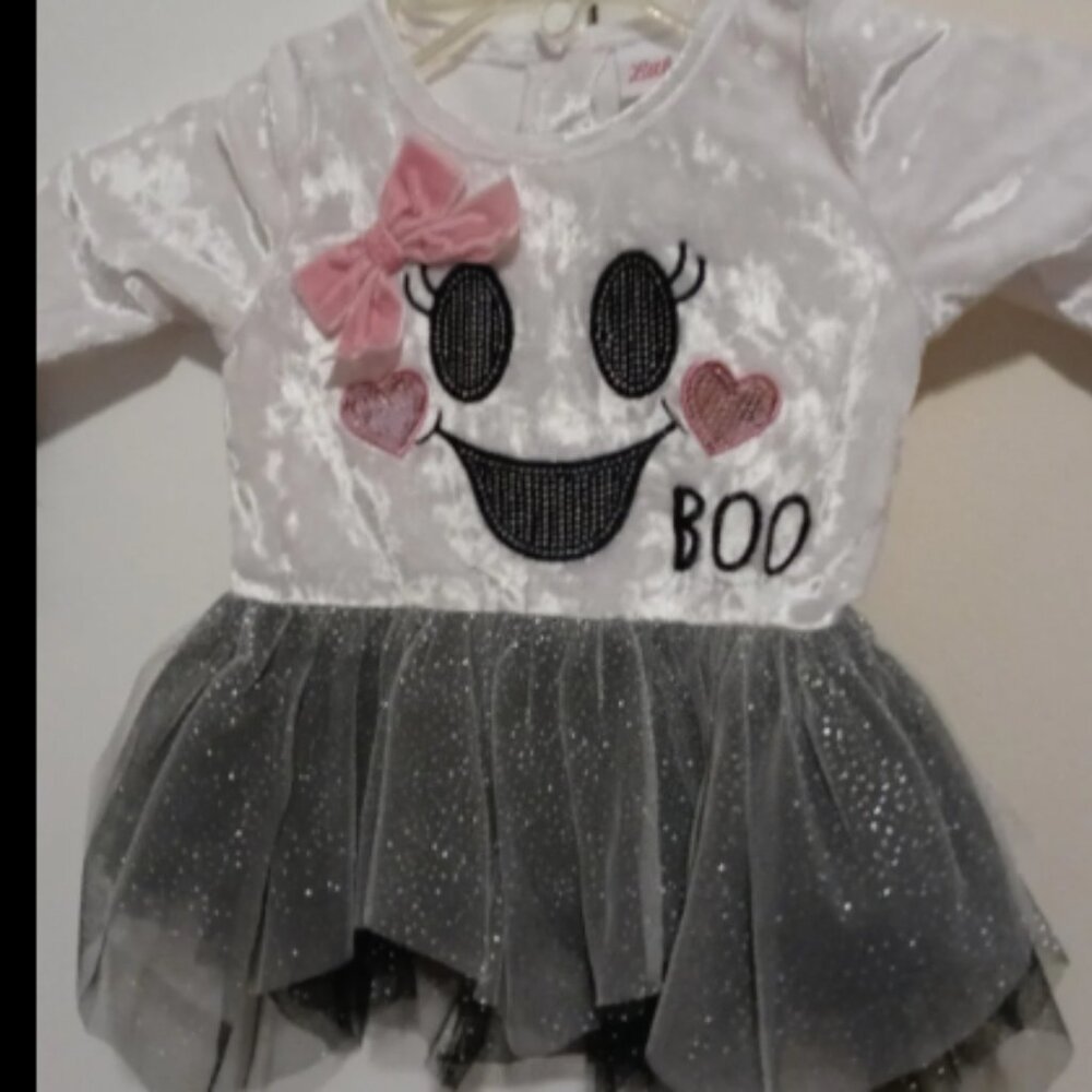 Little Lass Girl Black/White Halloween Ghost Boo Velour Tulle/Leggings 12M - Picture 3 of 4